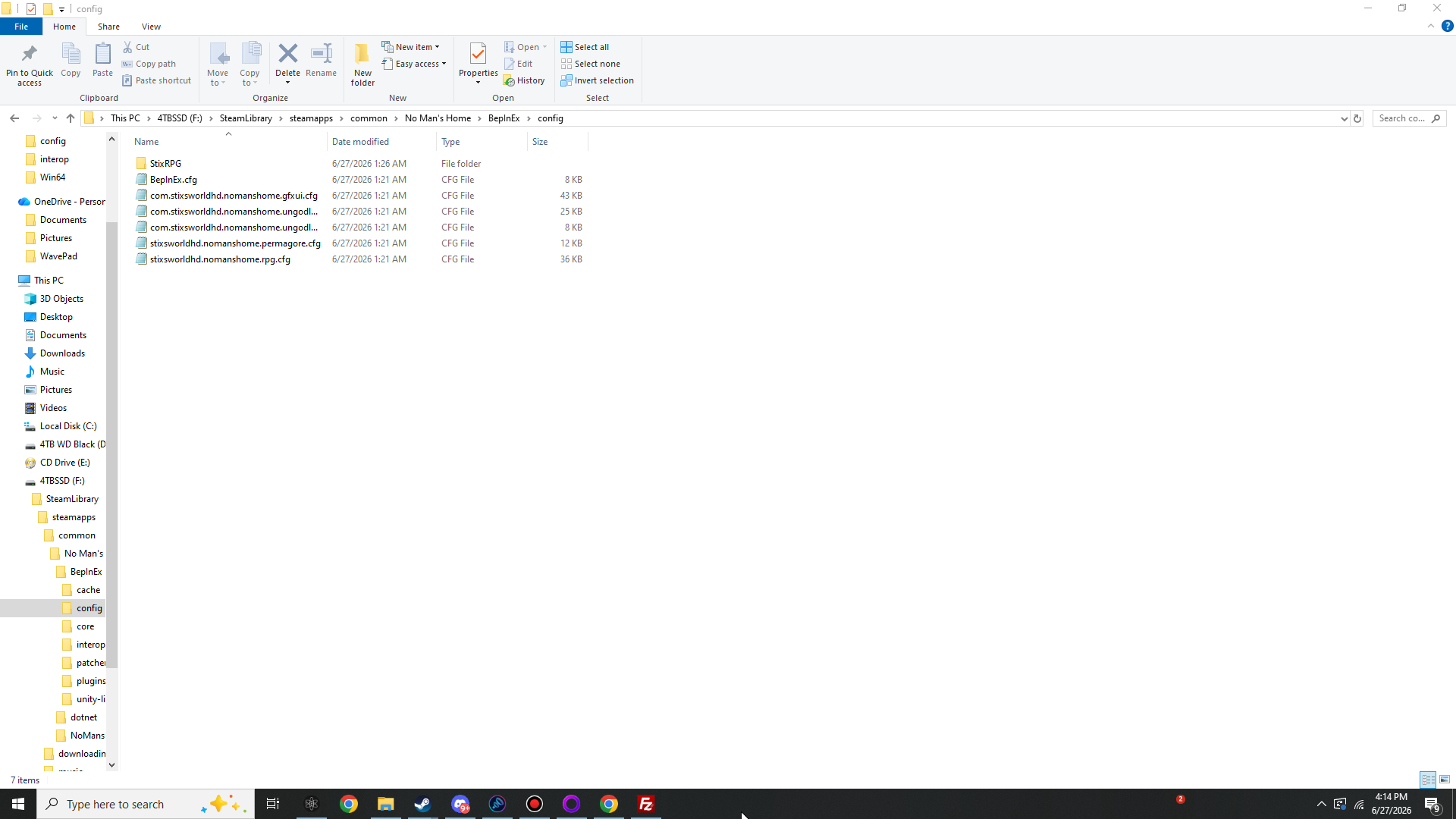 The config folder after a modded launch: BepInEx.cfg plus the five mod configs (gfxui, two ungodl… for AI and item-stacking, permagore, rpg) and the StixRPG save folder.