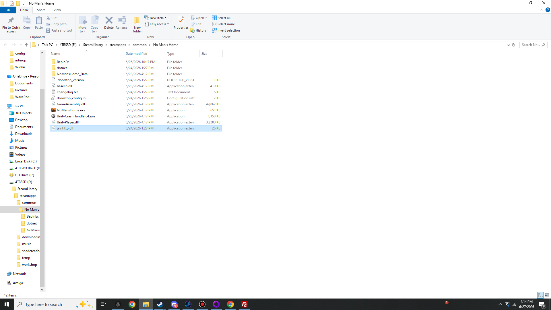 The game root after install. The BepInEx and dotnet folders and winhttp.dll now sit beside NoMansHome.exe — note the launcher is NoMansHome.exe, confirming this is No Man's Home, not No Man's Sky.