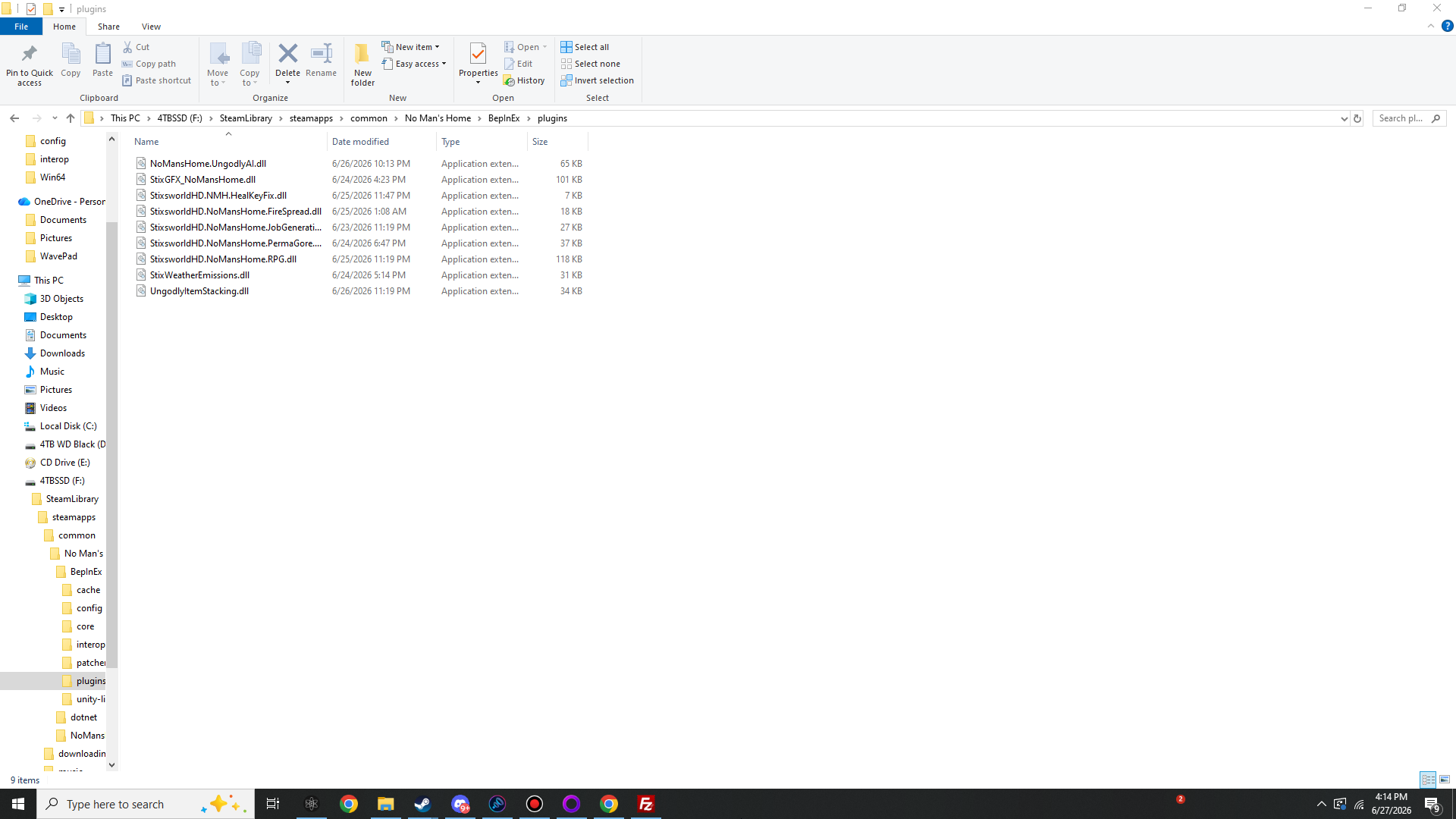 The nine mod DLLs installed flat in plugins — from NoMansHome.UngodlyAI.dll down to UngodlyItemStacking.dll. This is the entire loadout in one folder.